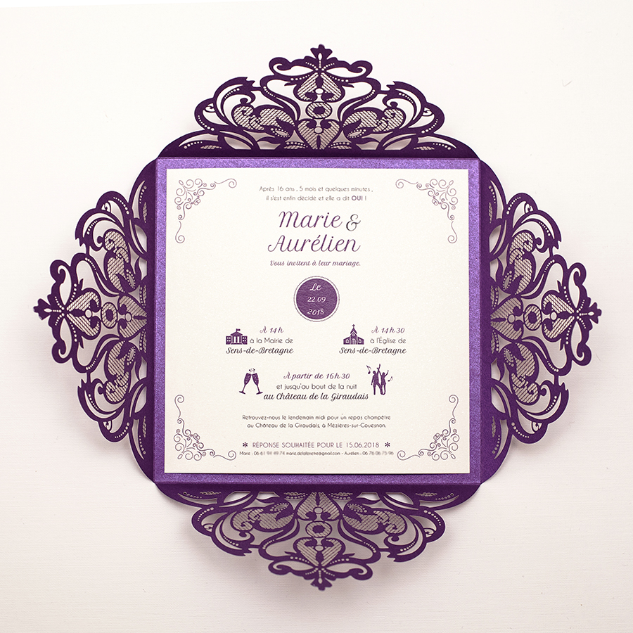 Faire-part mariage violet , élégante pochette + faire-part violet